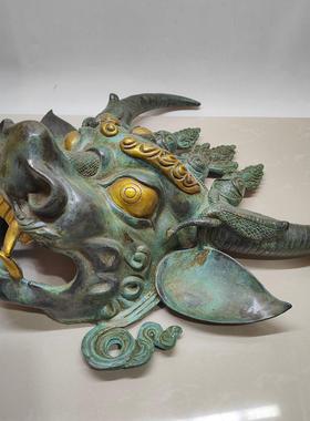 精品古玩铜器居家客厅装饰工艺品仿古青铜器鎏金牛头挂件玄关摆件