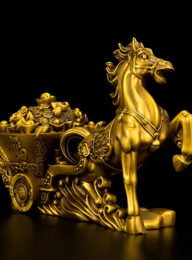 黄铜马摆件 马拉金箱 马上发财马拉元宝马拉车招财办公室开业礼品