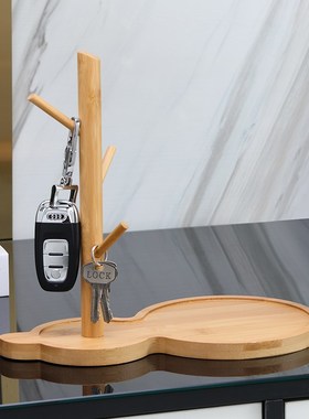 创意竹木实木挂钩架子放钥匙收纳摆件家居饰品入户门口装饰收纳盘