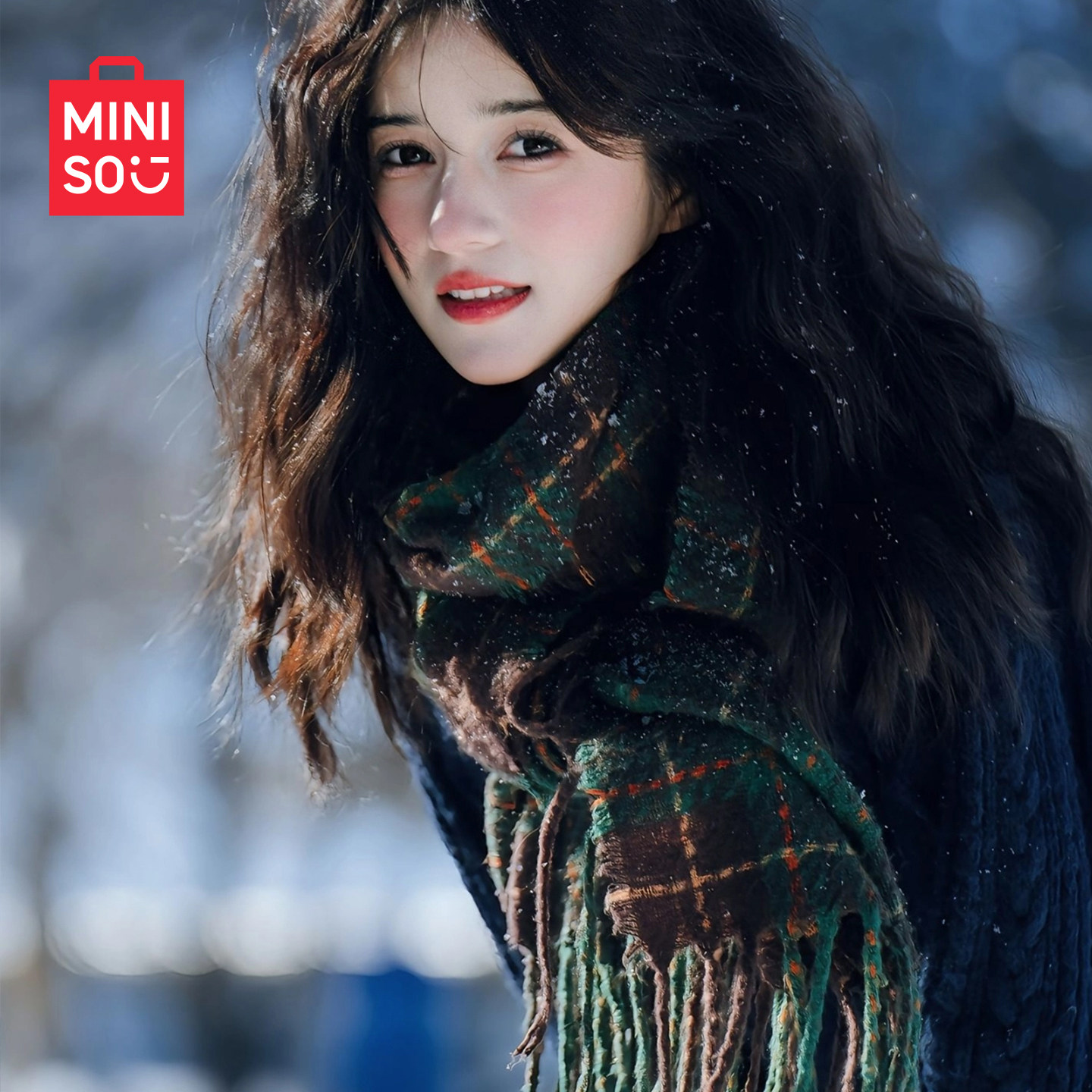 MINISO名创优品2025新款英伦复古格流苏围巾女冬加厚保暖围脖披肩