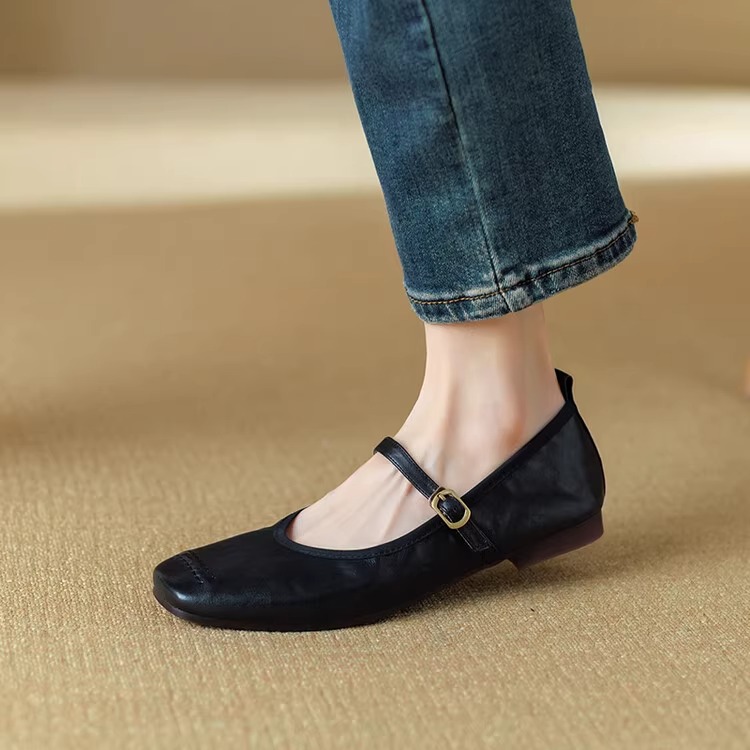 2025春夏新款法式方头一字扣带低跟单鞋女复古真皮平底玛丽珍鞋女 - 图1