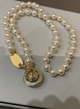 西太后蓝色土星珍珠项链白色珐琅