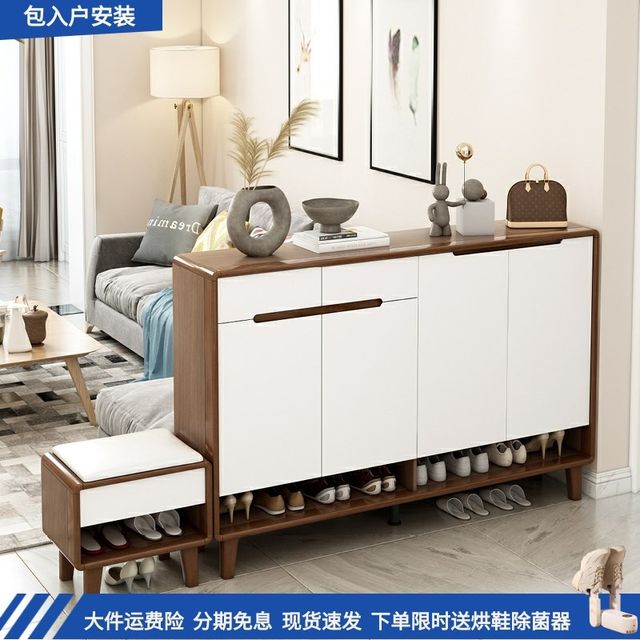 New Chinese-style solid wood shoe cabinet with shoe replacement stool for home living room entrance entrance corridor entrance partition storage cabinet
