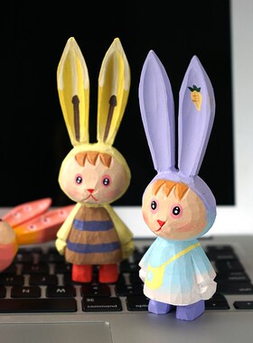 长耳朵兔子手工木雕小摆件公仔可爱木头雕刻治愈系卡通书桌装饰品