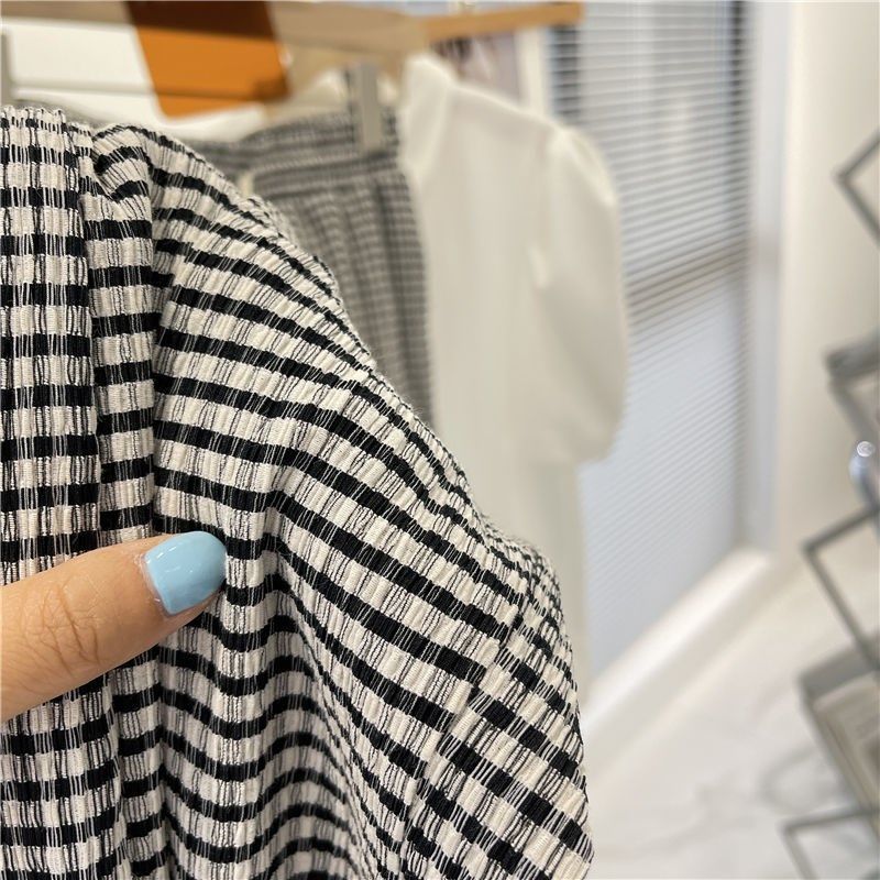 黑白格纹褶皱休闲裤子女夏高腰显瘦垂感学生宽松直筒拖地阔腿长裤,淘宝优惠券,粉丝福利购,淘宝优惠卷