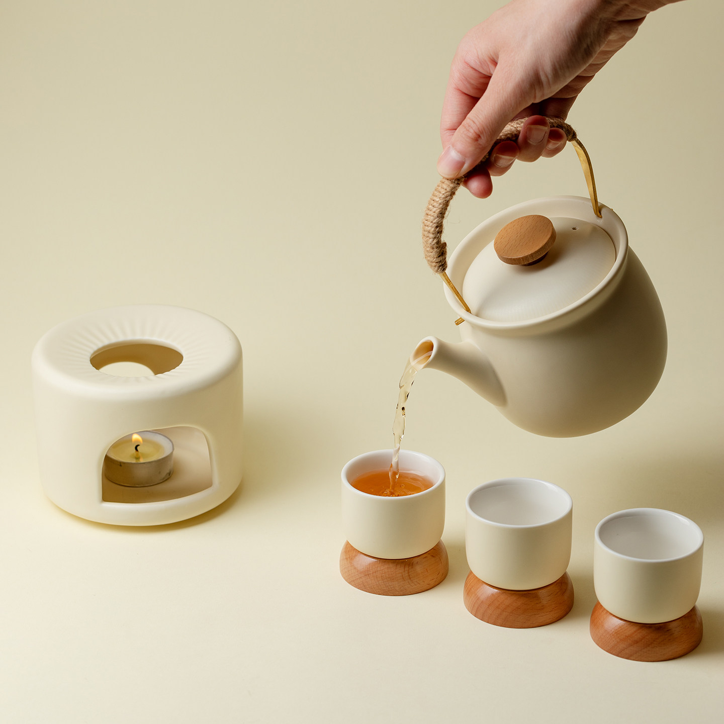 植述奶油黄围炉煮茶套装功夫茶具一壶四杯露营温茶炉泡茶器小套组,淘宝优惠券,粉丝福利购,淘宝优惠卷