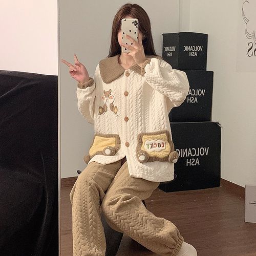 秋冬新款空气夹层开衫长袖长裤加厚200斤胖mm休闲大码两件套装女 - 图3