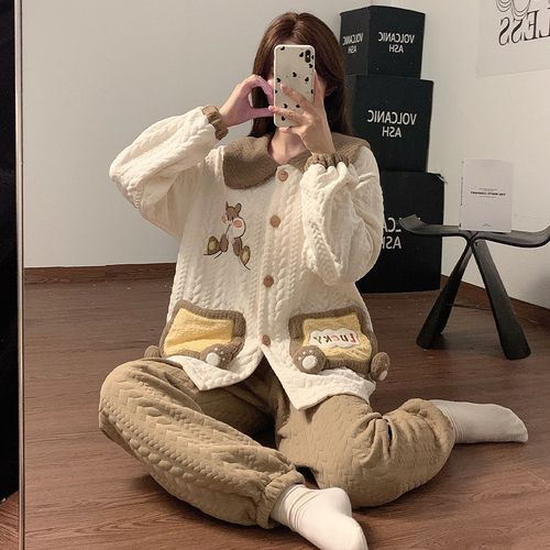 秋冬新款空气夹层开衫长袖长裤加厚200斤胖mm休闲大码两件套装女 - 图0