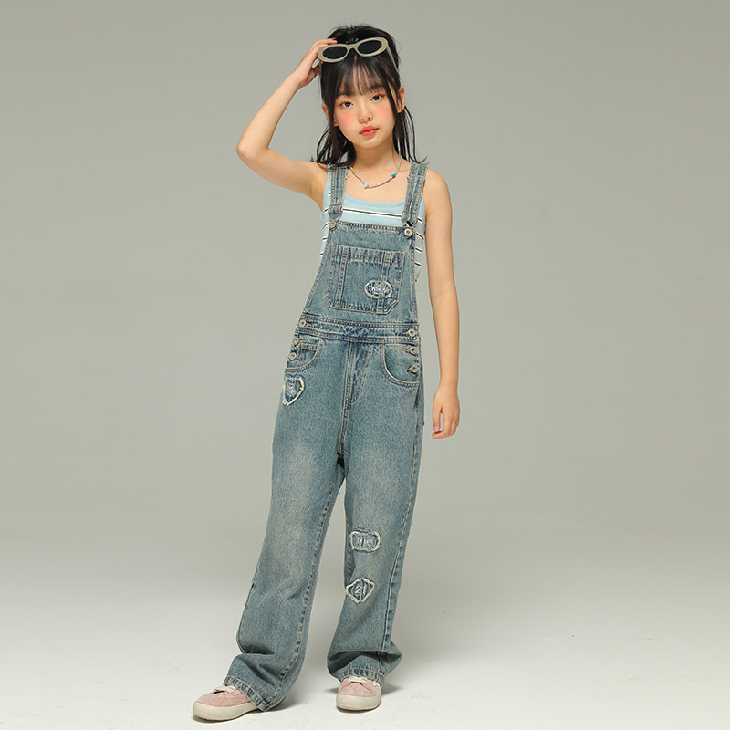 小女森女童夏季贴布牛仔背带裤儿童洋气时髦裤子中大童吊带长裤薄,淘宝优惠券,粉丝福利购,淘宝优惠卷