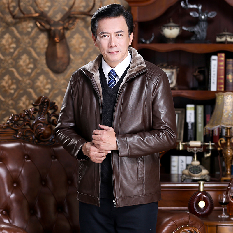 中老年皮衣男加绒加厚爸爸装秋冬装外套40岁50父亲中年男士皮夹克 - 图2