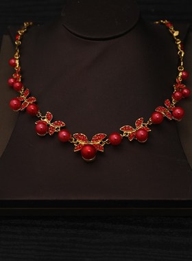 韩国结婚新娘饰品 水钻纯情水晶红色新娘项链新娘饰品三件套