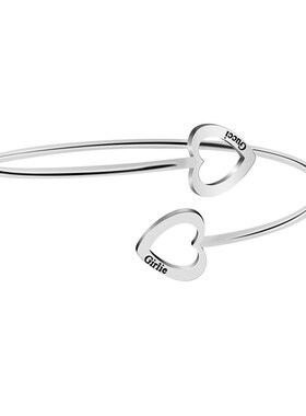 新款双桃心字母手镯女可刻字复古时尚情人节礼物爱心手饰情侣手镯