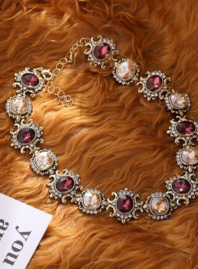 复古彩色玻璃高级感项链耳钉气质轻奢颈链时尚配饰