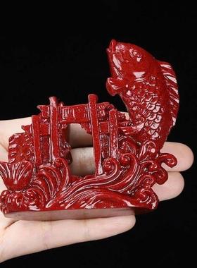 朱砂鲤鱼跃龙门摆件财运滚滚雕刻中国红鲤鱼跳龙门玄关车摆