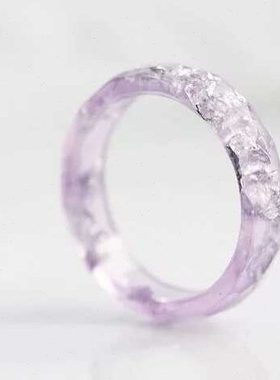 狮心兔 手工制作 淡紫色熏衣草银箔片 菱角面切面刻面戒指 女戒指