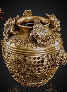 纯铜聚宝盆四方纳财金蟾招财缸日进斗金坛子家居财位钱罐摆件礼品