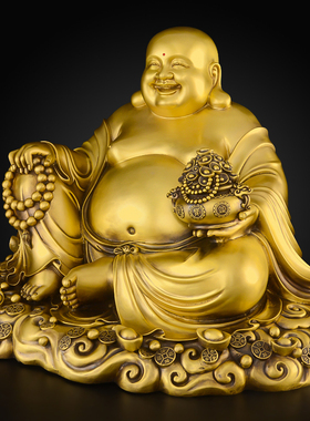 黄铜弥勒佛摆件大肚开心笑佛菩萨招客厅家用供奉佛像财大号铜像