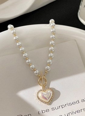 日韩轻奢珍珠爱心项链女夏2023年新款潮小众设计感锁骨链百搭颈链