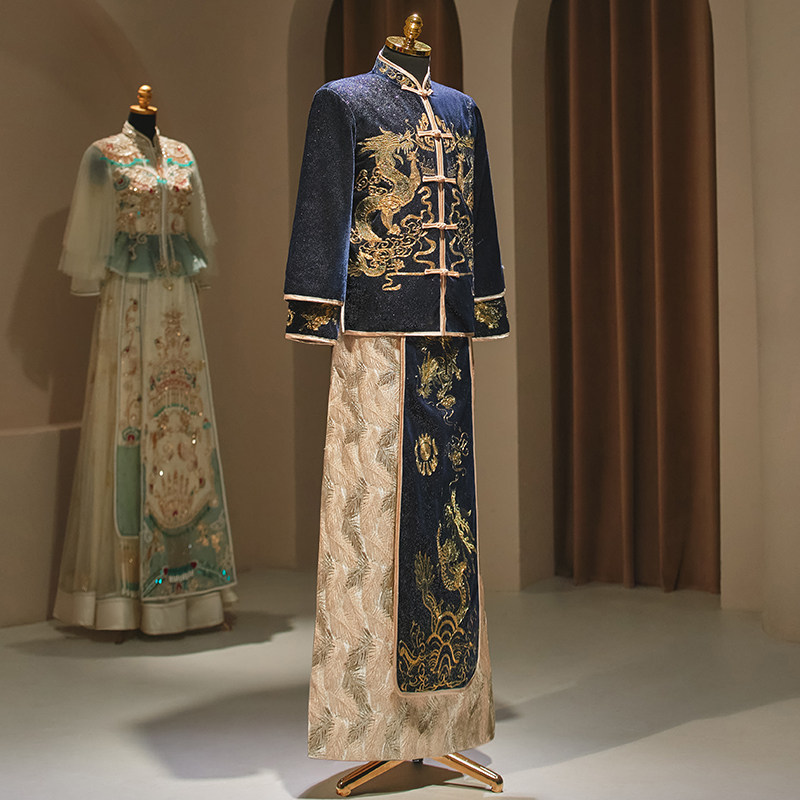 秀禾服男装中式礼服2023年新款新郎装结婚春季修身龙凤褂蓝色秀和,淘宝优惠券,粉丝福利购,淘宝优惠卷