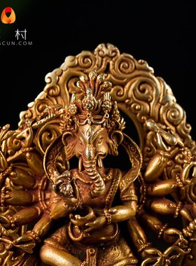 十二臂象鼻财神 佛事p用品尼泊尔手工4寸全鎏金全铜象鼻天障碍神