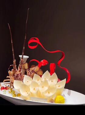 创意刺身摆盘装饰轻奢红色抽象艺术飘带海鲜姿造背景点缀小摆件