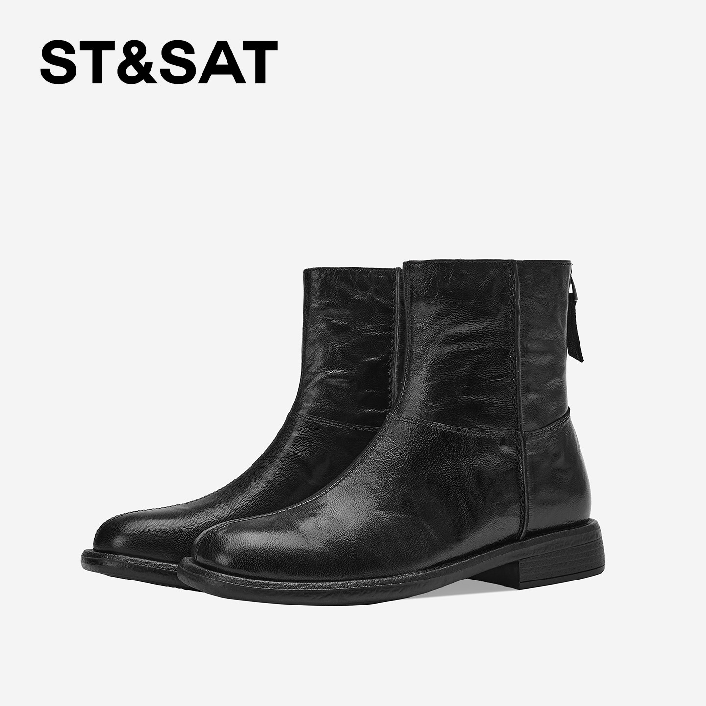St&Sat/星期六百搭圆头短筒法式时装靴复古真皮短靴粗跟切尔西靴,淘宝优惠券,粉丝福利购,淘宝优惠卷