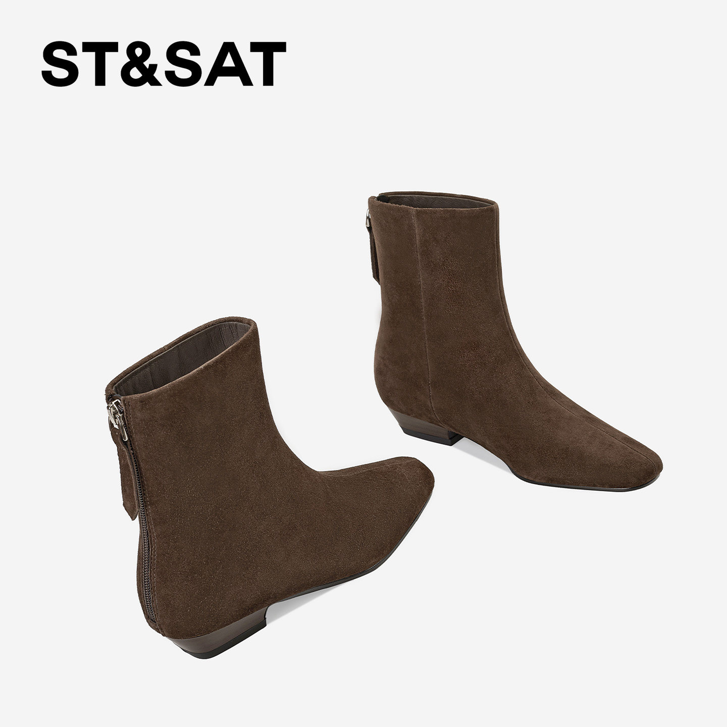 St&Sat/星期六粗跟短靴法式方头秋冬复古时装靴低跟后拉链女靴,淘宝优惠券,粉丝福利购,淘宝优惠卷