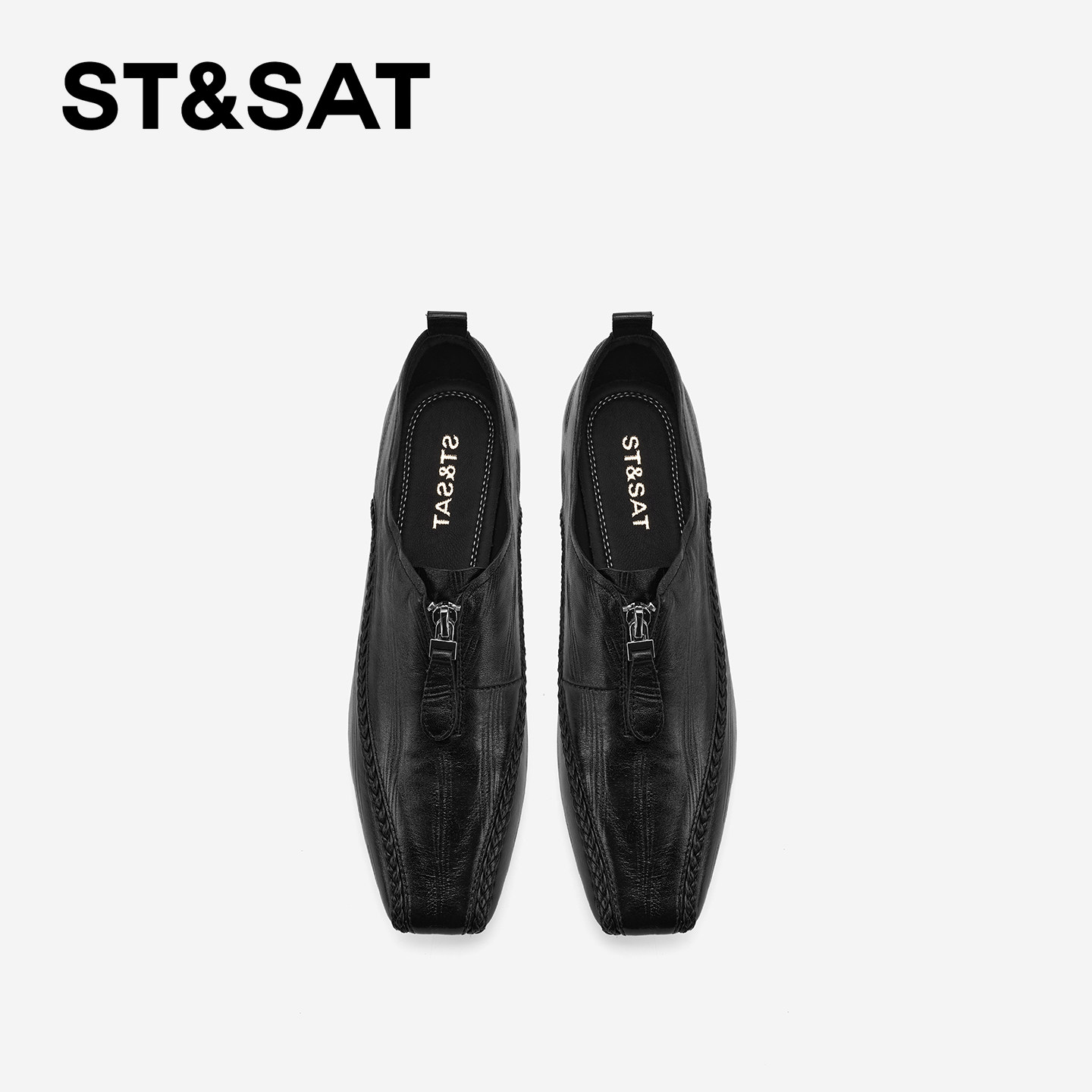 St&Sat/星期六法式方头深口单鞋真皮粗跟女鞋中跟复古编织小皮鞋,淘宝优惠券,粉丝福利购,淘宝优惠卷