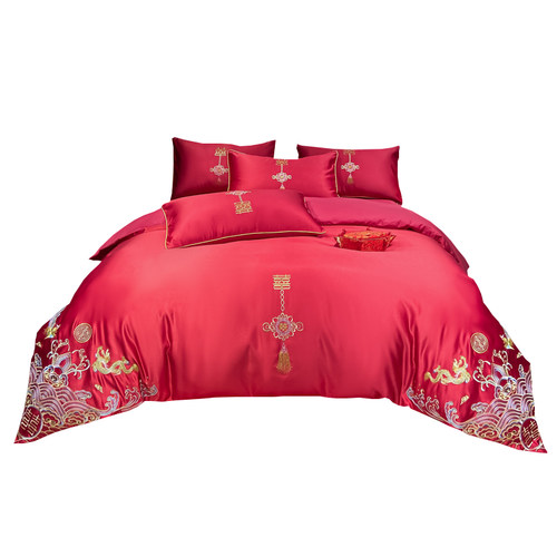 中式婚庆全棉四件套结婚大红色龙凤刺绣被套纯棉喜被婚房床上用品 - 图3