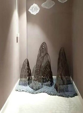 中式室内庭院楼梯景观造景装饰铁艺假山鱼池大型金属山影落地摆件