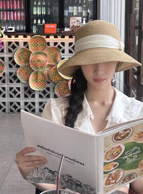 法式赫本风圆顶遮阳防晒草帽女z夏季出游海边沙滩太阳帽大头围盆
