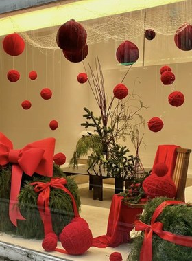 新年红色丝绒布毛线球打卡点布置美陈列泡沫N婚礼布景橱窗装饰道