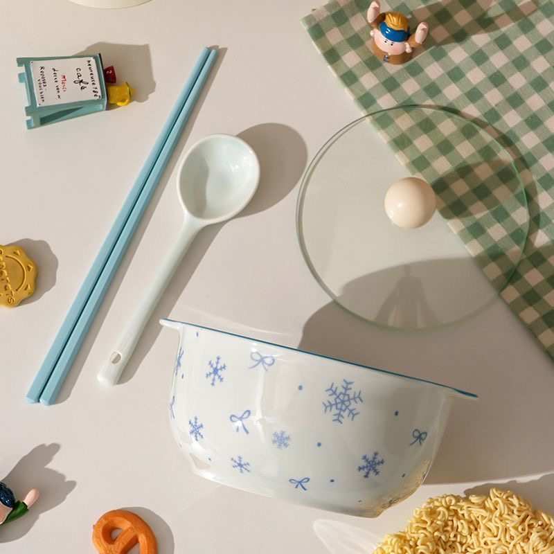 蓝雪花可爱泡面碗带盖双耳泡面碗个人专用釉下彩陶瓷泡面碗套装,淘宝优惠券,粉丝福利购,淘宝优惠卷