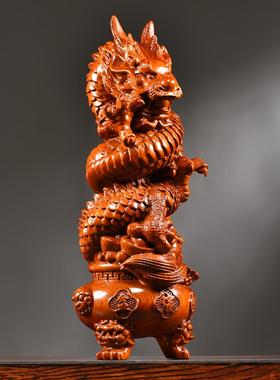 花梨木雕十二生肖龙摆件实木聚宝盆盘龙家居客厅办公装饰工艺礼品