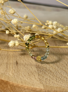 天然西瓜碧玺水晶编织戒指女糖果彩虹渐变指环小众尾戒转运素戒