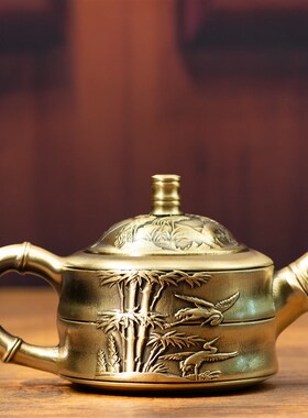 小铜记黄铜竹节茶壶纯铜浮雕刻花水壶工艺品摆件送朋友铜壶装饰品