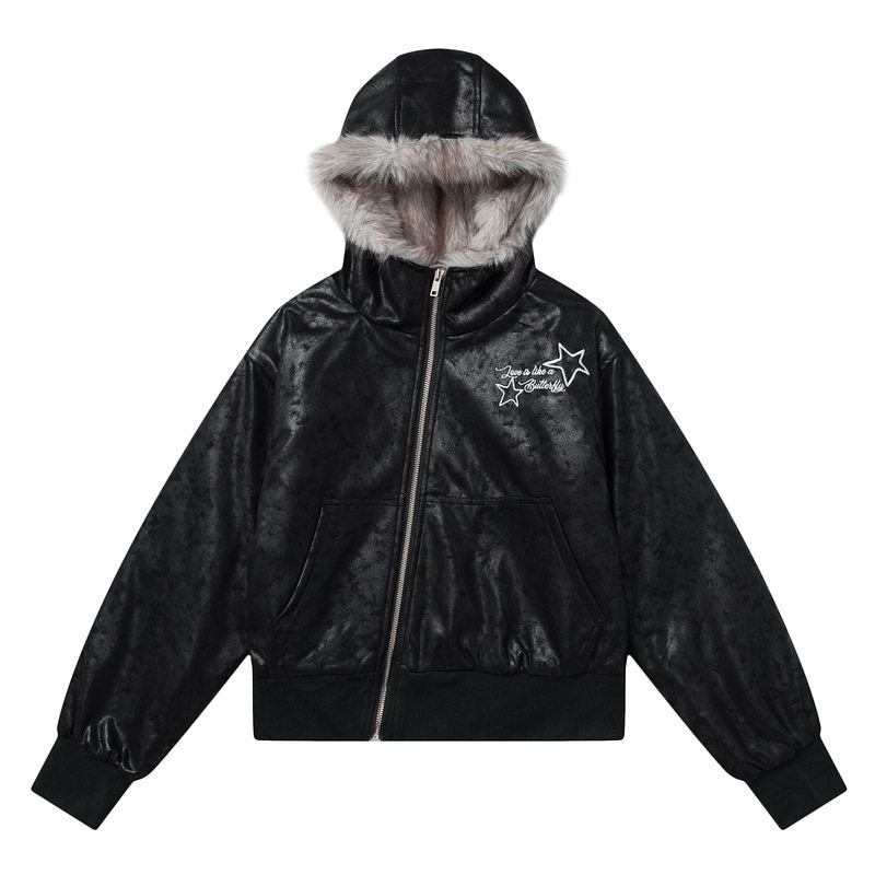 衣品男装复古星星刺绣麂皮绒毛领夹棉短外套女宽松ins潮保暖棉衣,淘宝优惠券,粉丝福利购,淘宝优惠卷