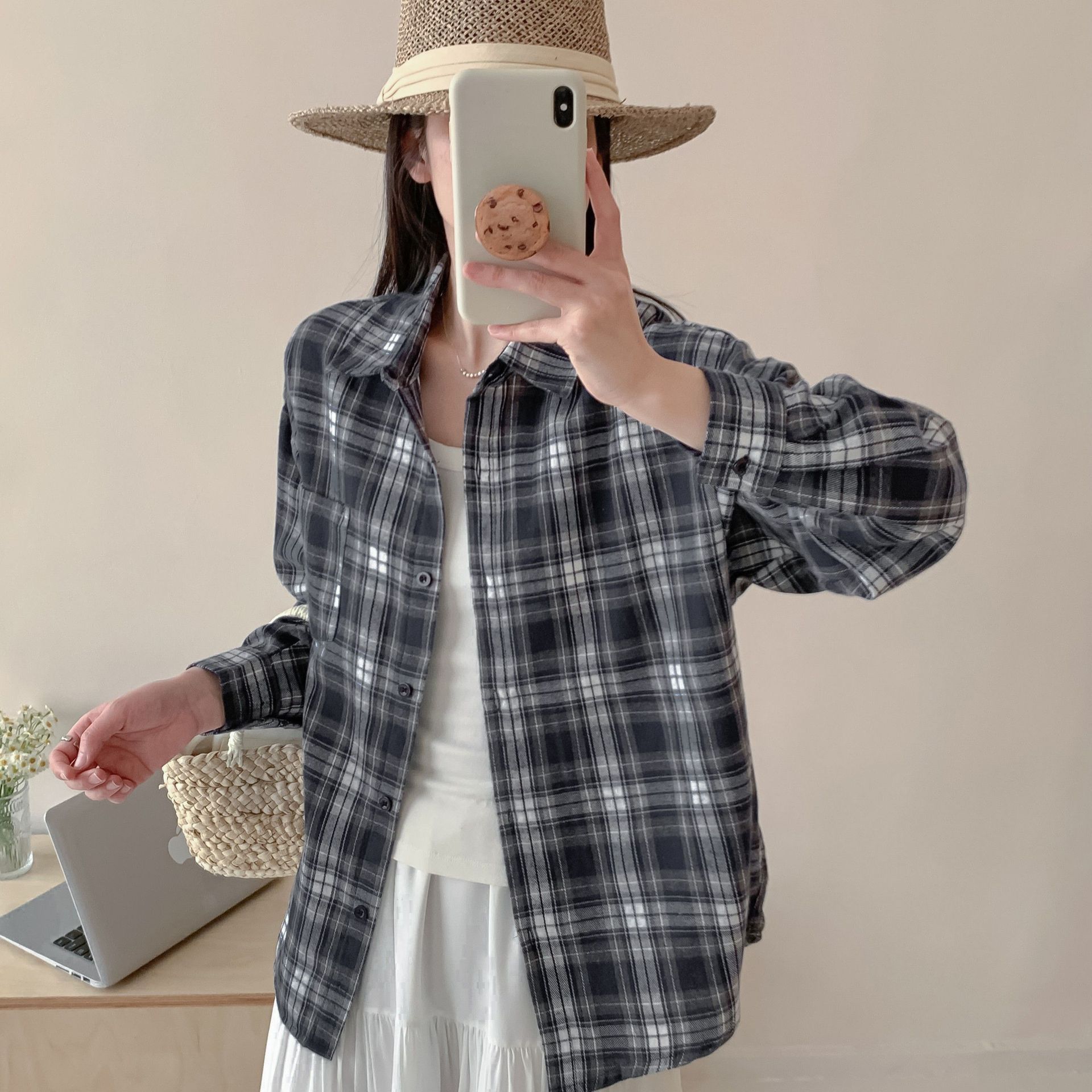[太阳]新款港风美式格子衬衫