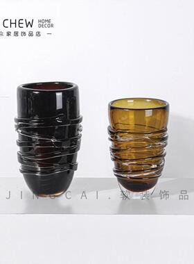 轻奢极简约软装样板房间圆形餐桌古铜色三足铝托盘玻璃果盘摆件