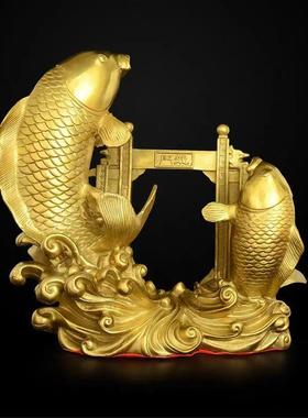 铜鱼摆件纯铜鱼跃龙门年年有鱼家居办公室桌面装饰黄铜鲤鱼跃龙门