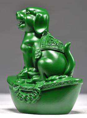 绿色木雕狗摆件十二生肖狗实木头家居客厅电视柜办公室装饰工艺品