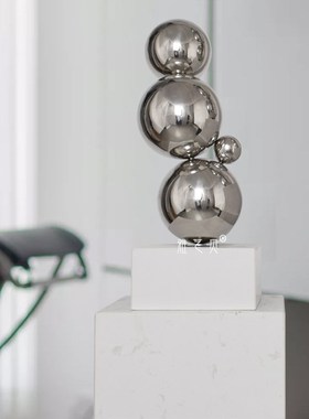 包豪斯不锈钢几何圆球大理石底座雕塑摆件样板间玄关酒店家居装饰