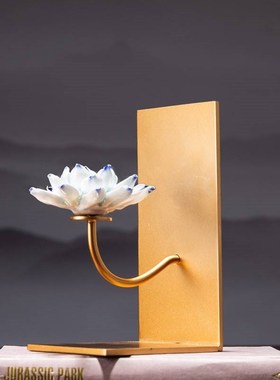 新中式办公室办公桌面书柜装饰品莲花摆件创意书挡艺术品书房书立