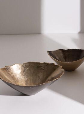 进口铝制新中式复古侘寂风长条托盘不规则碎边果盘碗形摆件装饰品