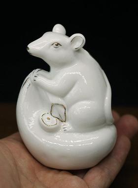 白色陶瓷描金十二地支生肖猴鼠龙三合贵人局摆件申子辰风水工艺品