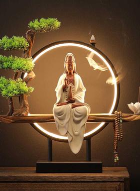 陶瓷玄关家居灯摆件倒流香炉装饰禅意底座客厅观音菩萨佛像灯圈