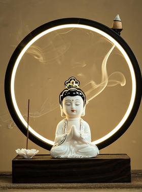 陶瓷如来佛像新中式客厅桌面办公室创意led灯圈禅意发光装饰摆件