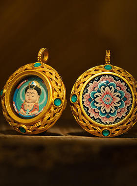 手绘唐卡扎基拉姆五爷八大守护五路财绿度母浮雕吊坠手绘擦擦唐卡