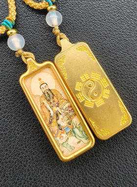 道家龙虎山1*3小唐卡手绘描金画芯张天师赵公明吊坠 白鹤童子项链
