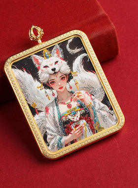 藏式描金洒金彩金九尾唐卡盒不掉色双面壳子狐狸挂坠女款